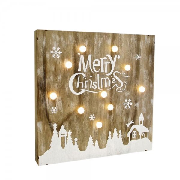 Χριστουγεννιάτικο Διακοσμητικό Τοίχου Ξύλινο, με "Merry Christmas" και 10 LED (30x30cm)